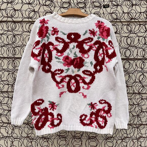 Vintage 90s Nuggets red cream floral scroll knit sweater MEDIUM - Picture 1 of 6